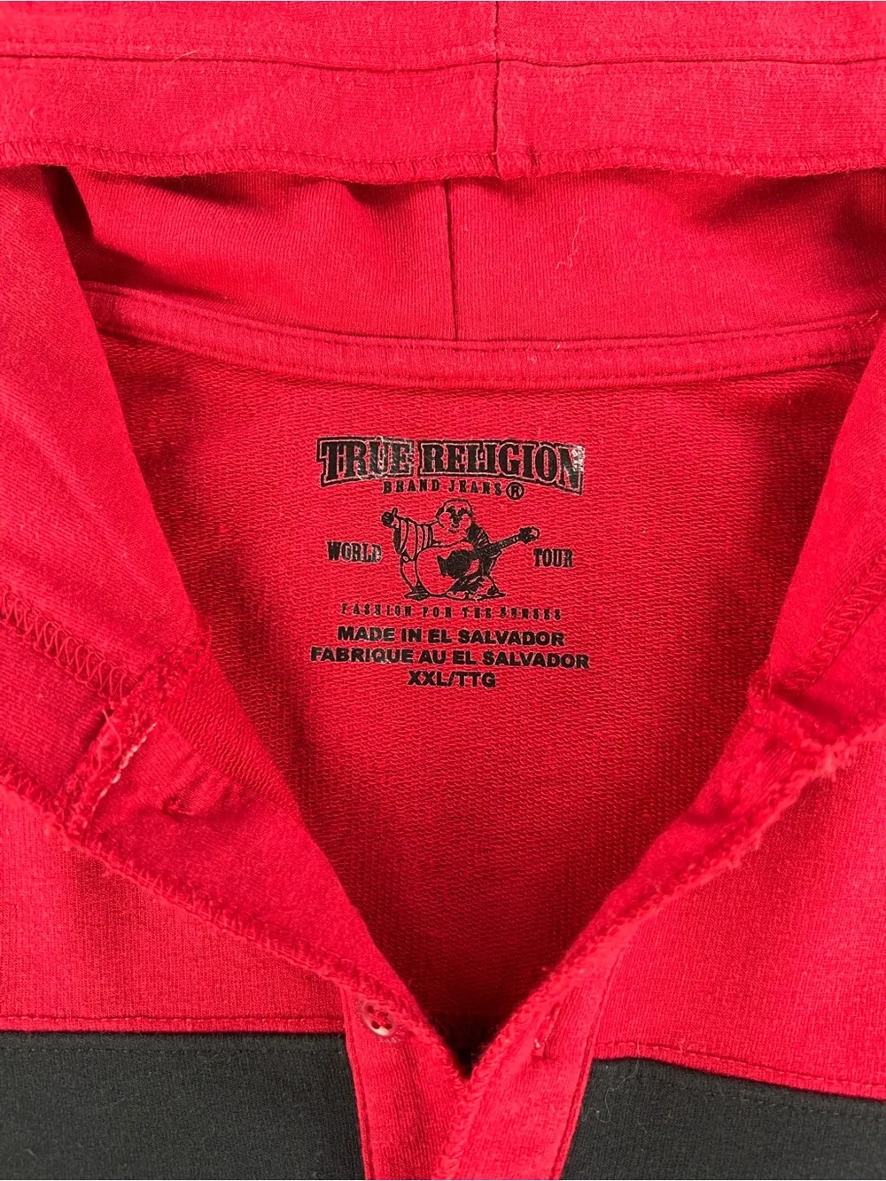 True Religion Men Red & Black Long Sleeve Henley Button Hooded Shirt Sz XXL
